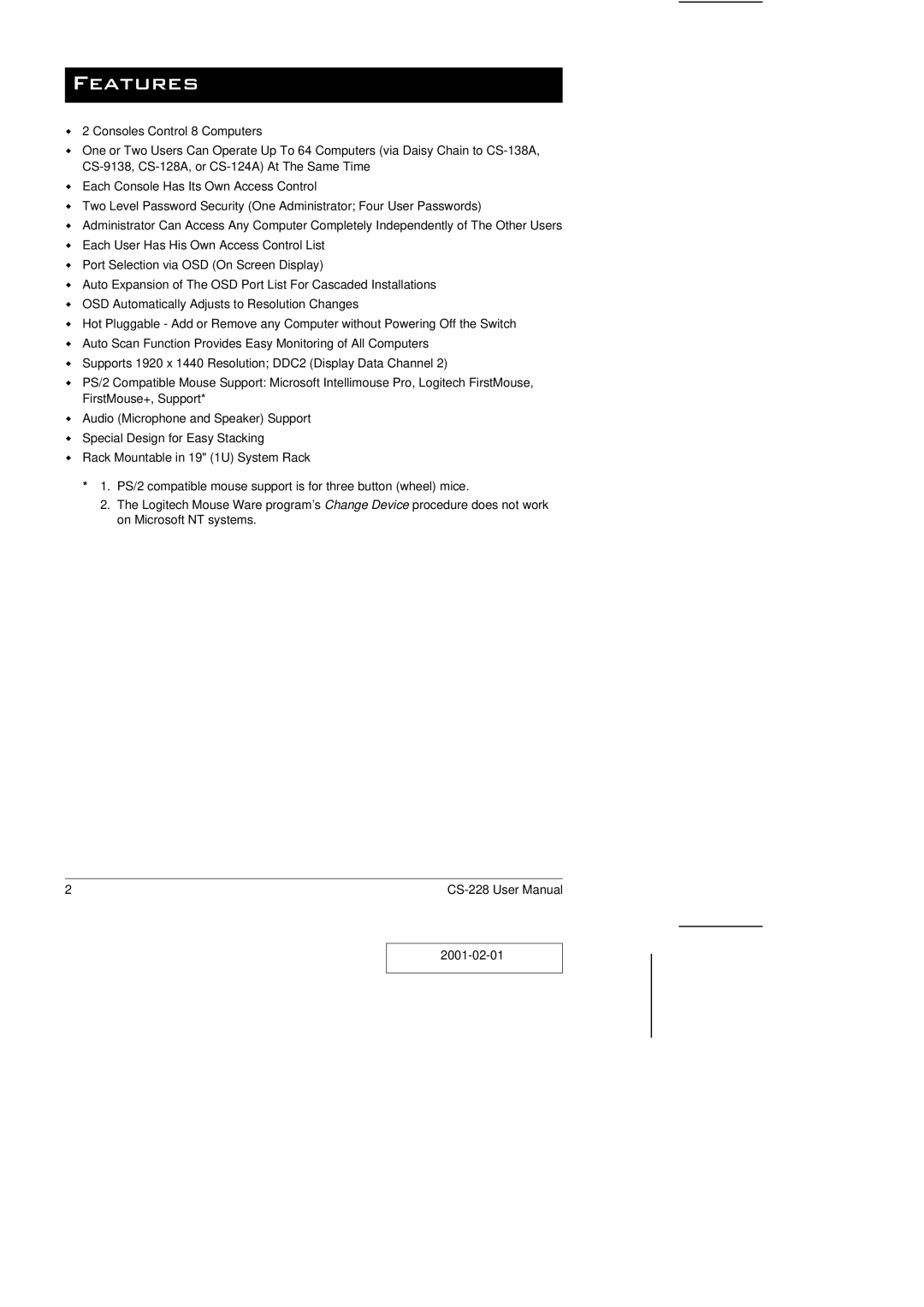 ATEN Technology CS-228 user manual Features 