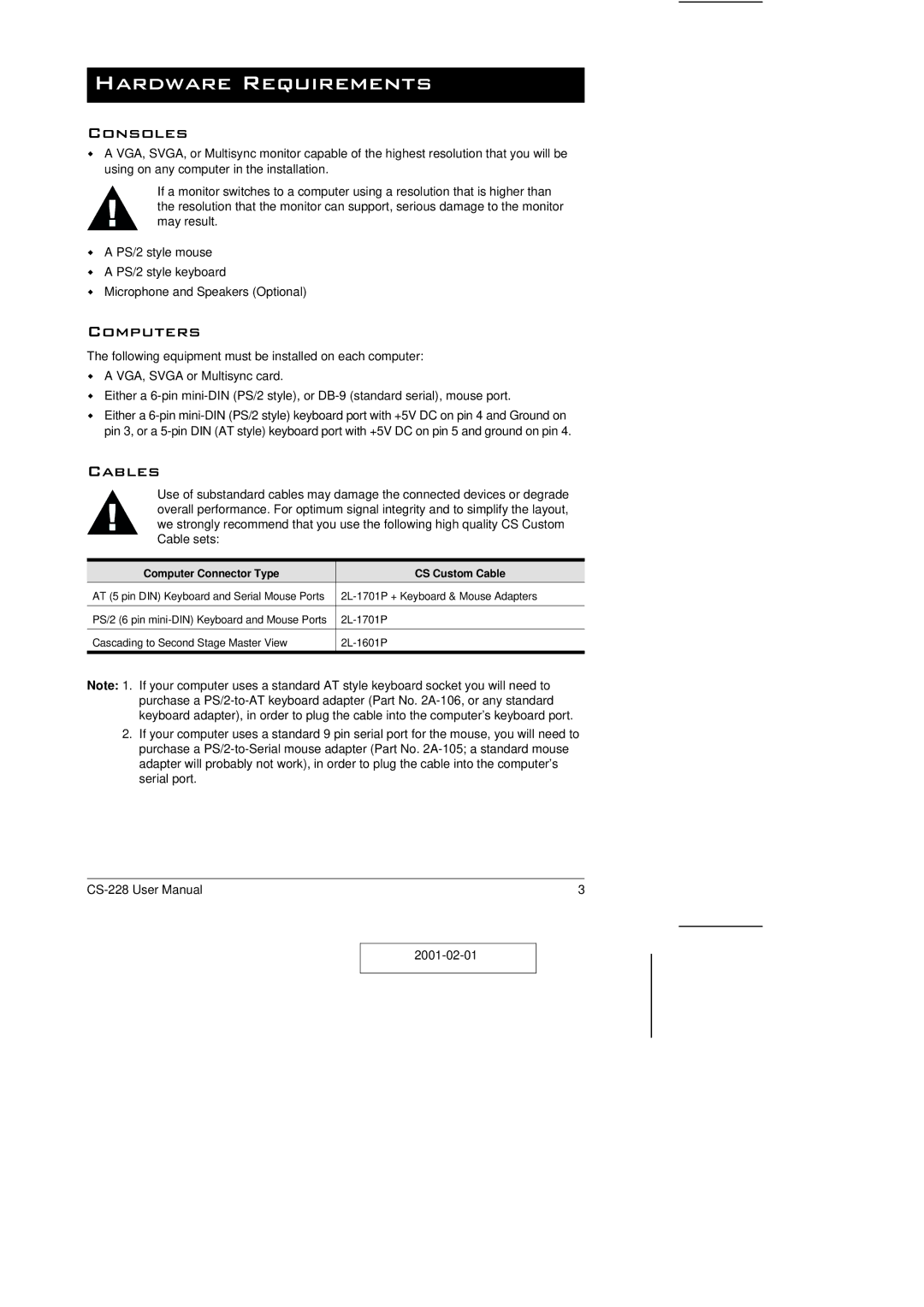 ATEN Technology CS-228 Hardware Requirements, Consoles, Computers, Cables, Computer Connector Type CS Custom Cable 