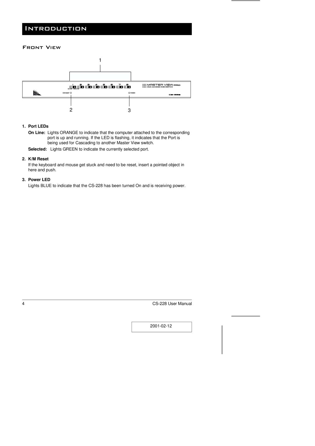 ATEN Technology CS-228 user manual Introduction, Front View, Port LEDs, M Reset, Power LED 