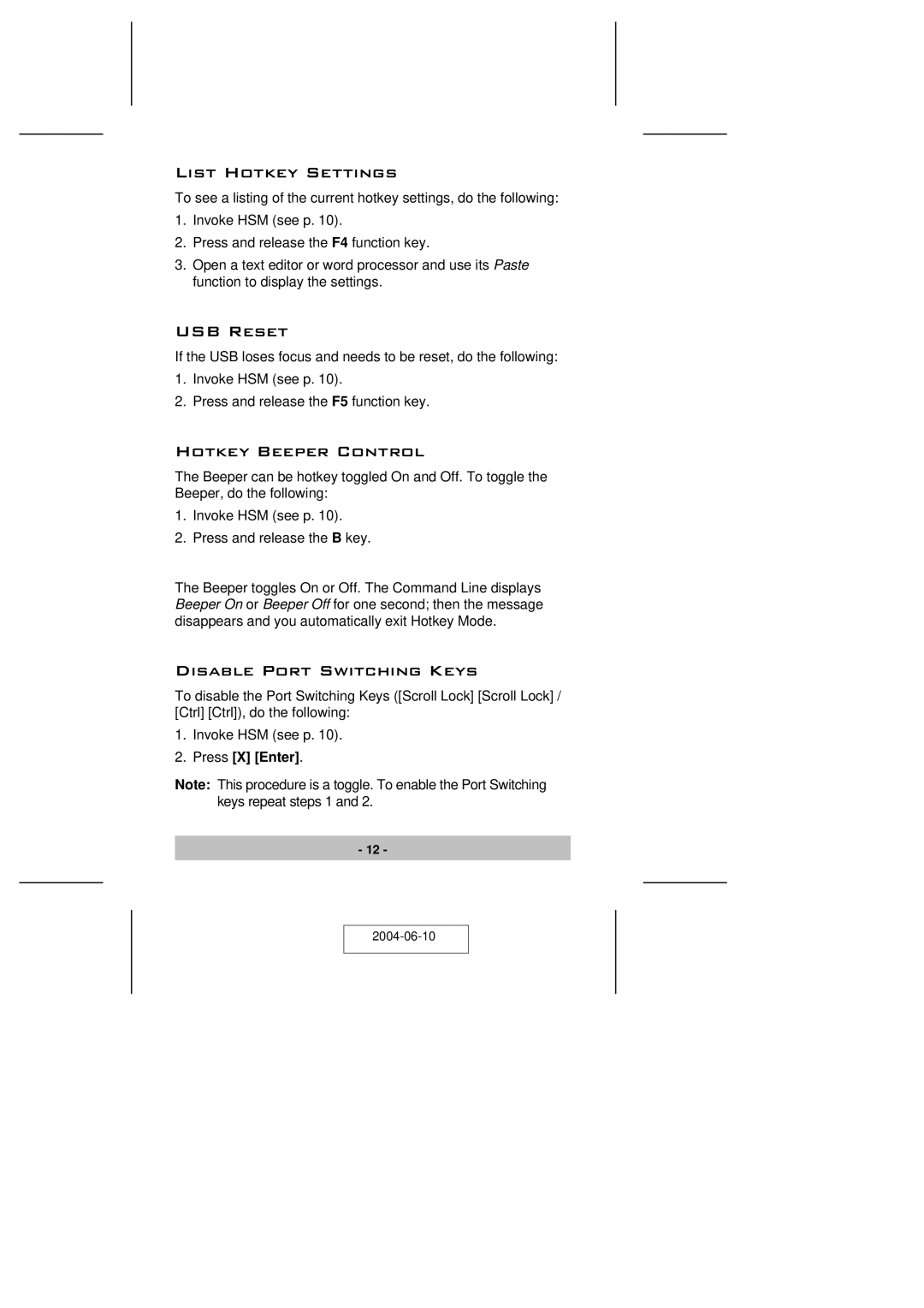 ATEN Technology CS-64U user manual List Hotkey Settings, USB Reset, Hotkey Beeper Control, Disable Port Switching Keys 