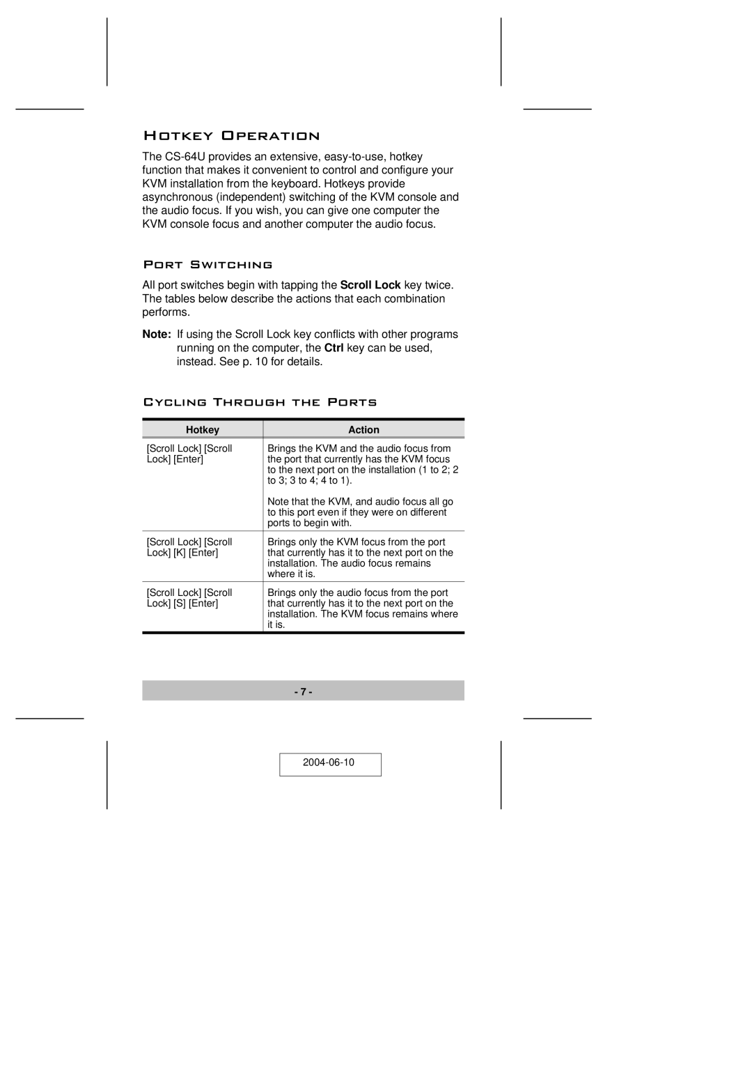 ATEN Technology CS-64U user manual Hotkey Operation, Port Switching, Cycling Through the Ports, Hotkey Action 