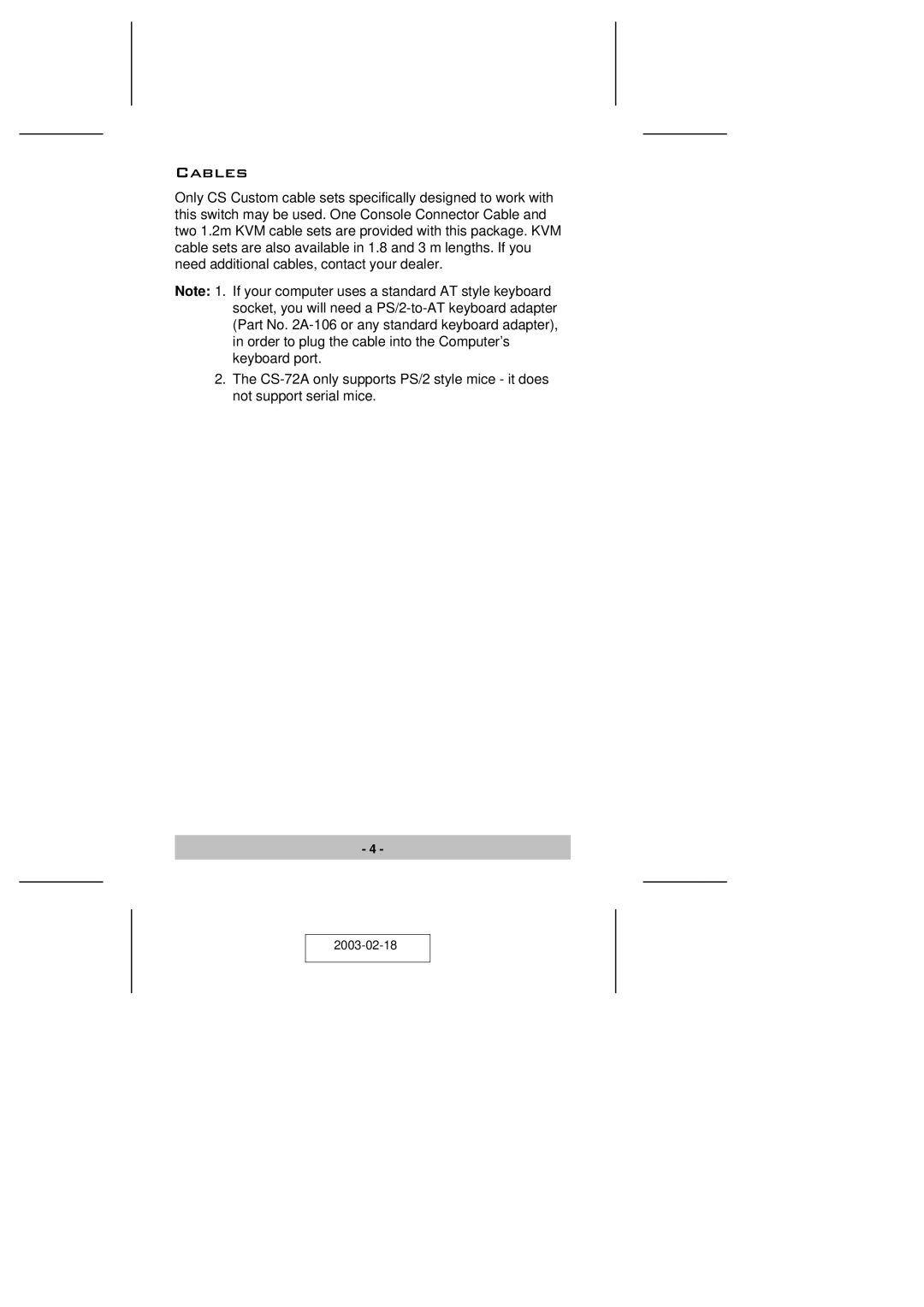 ATEN Technology CS-72A user manual Cables 