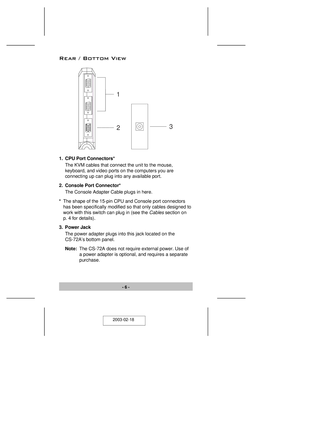 ATEN Technology CS-72A user manual Rear / Bottom View, CPU Port Connectors, Console Port Connector, Power Jack 