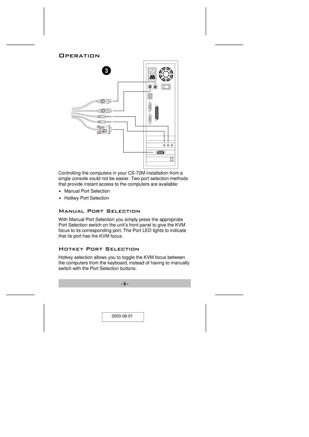 ATEN Technology CS-72M user manual Operation, Manual Port Selection, Hotkey Port Selection 