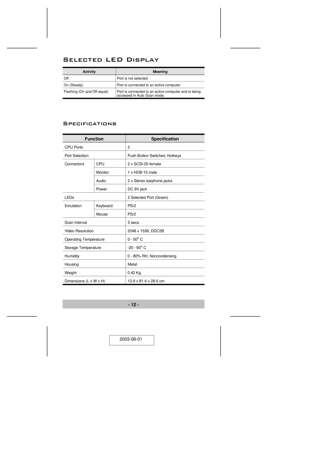 ATEN Technology CS-72M user manual Selected LED Display, Specifications 