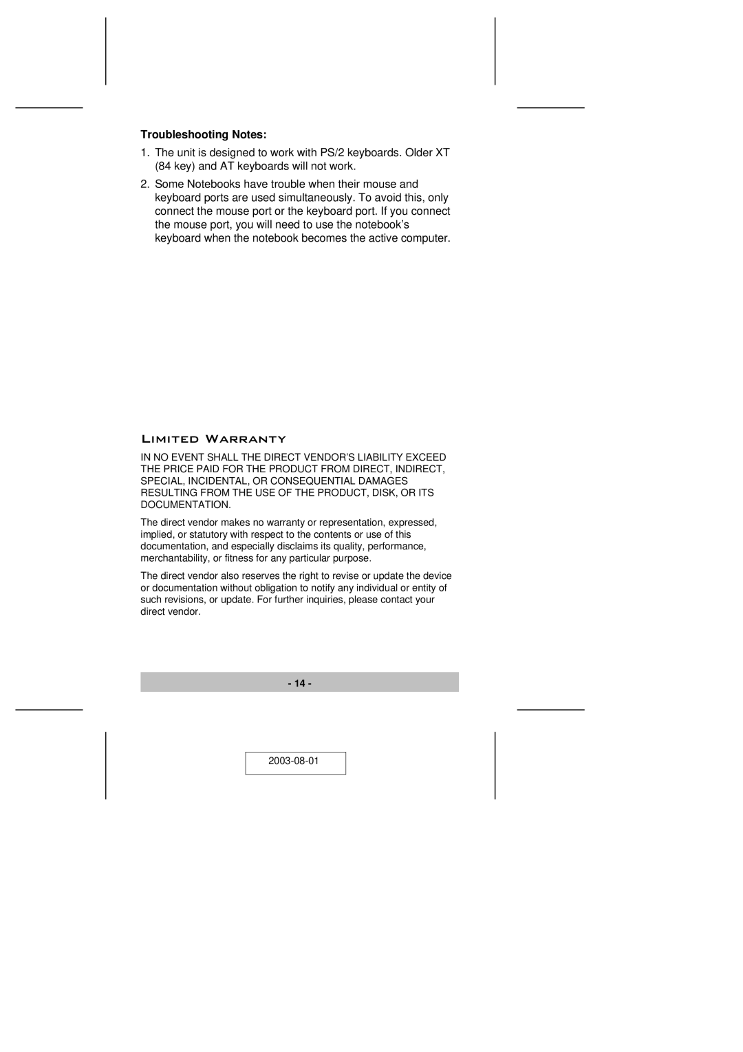 ATEN Technology CS-72M user manual Limited Warranty, Troubleshooting Notes 