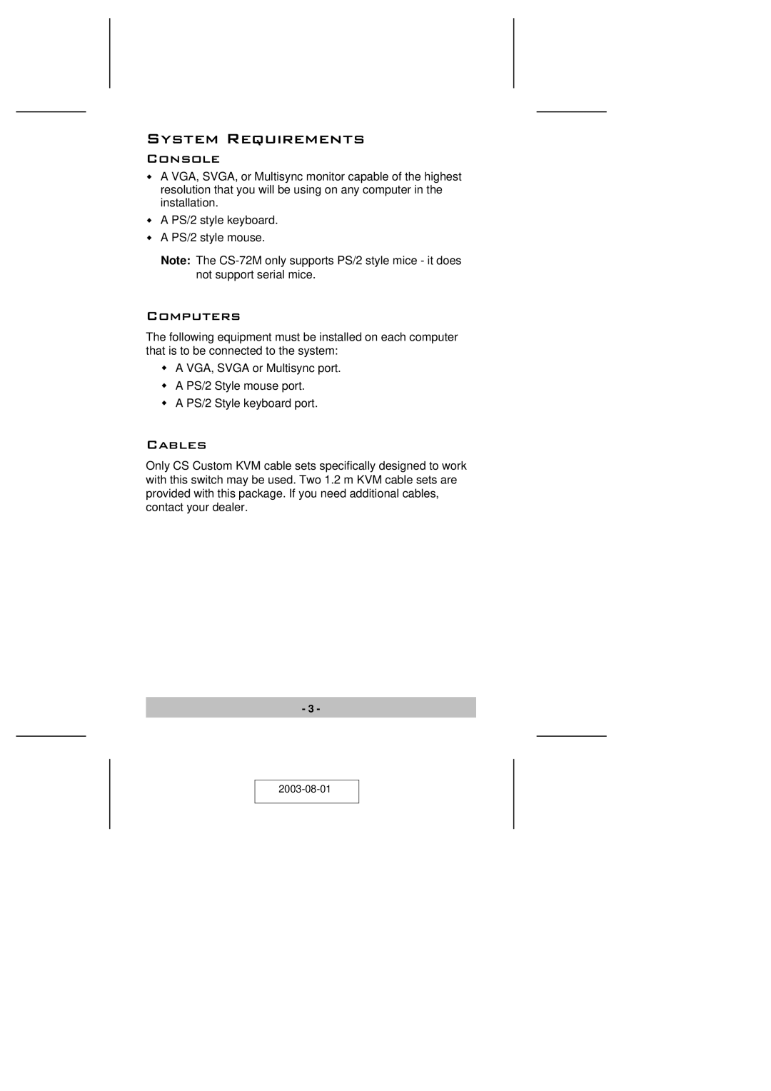 ATEN Technology CS-72M user manual System Requirements, Console, Computers, Cables 