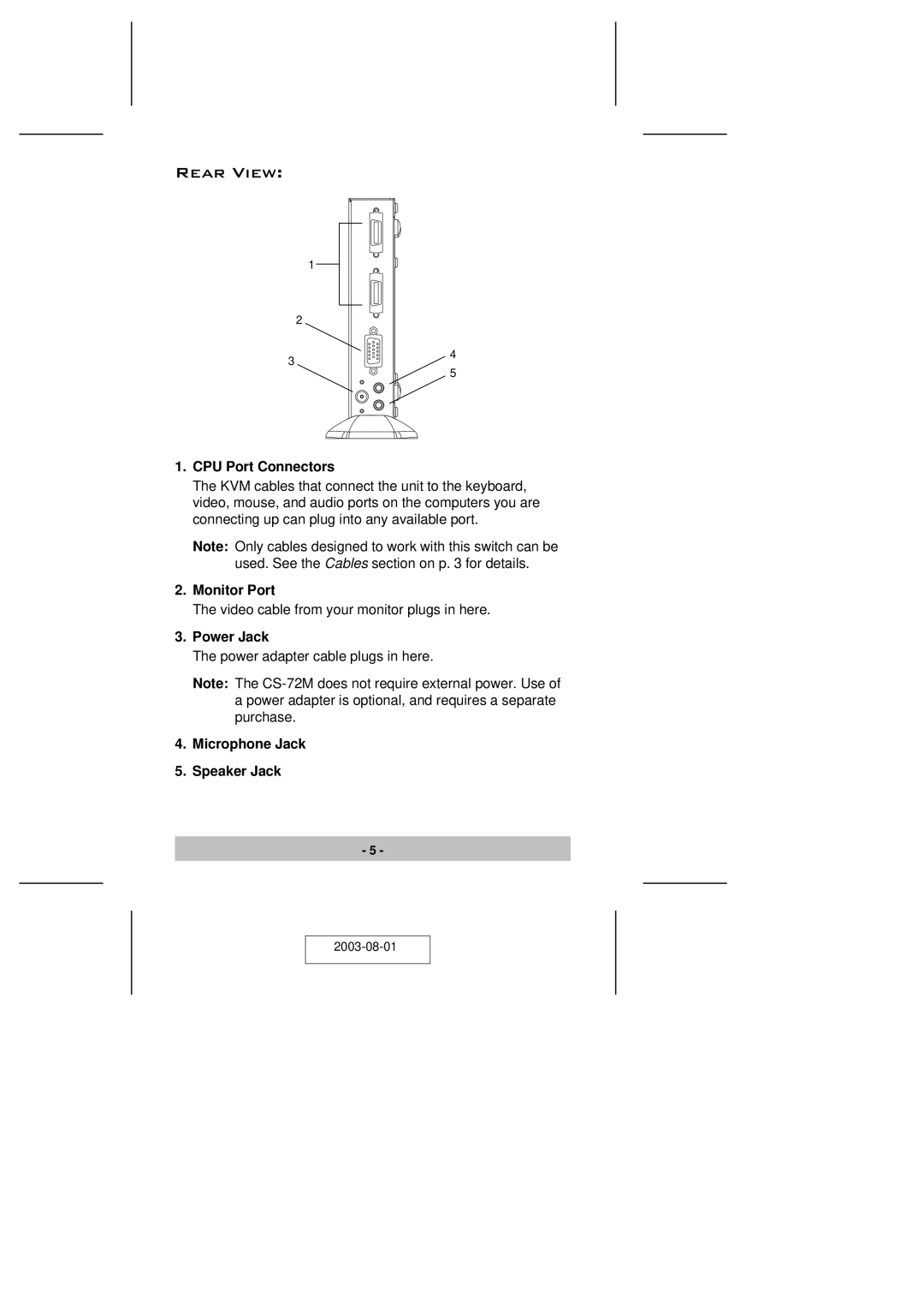 ATEN Technology CS-72M user manual Rear View, CPU Port Connectors 