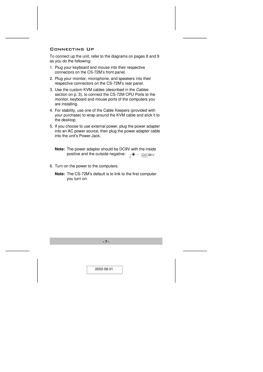 ATEN Technology CS-72M user manual Connecting Up 