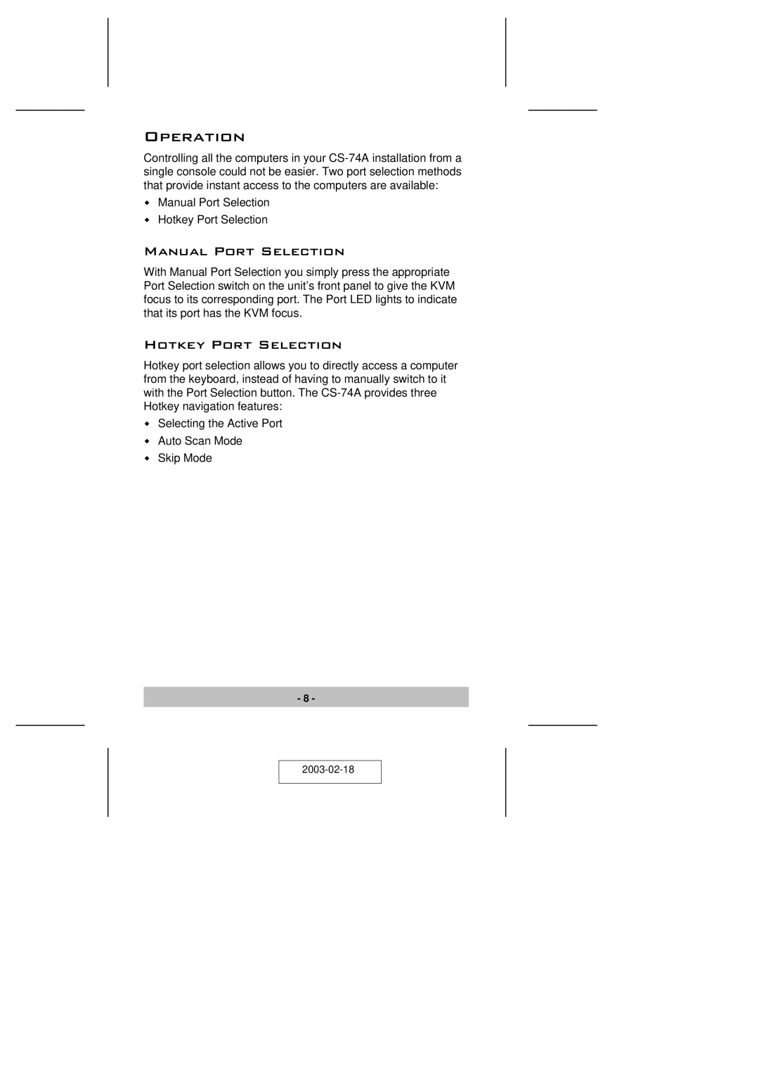 ATEN Technology CS-74A user manual Operation, Manual Port Selection, Hotkey Port Selection 