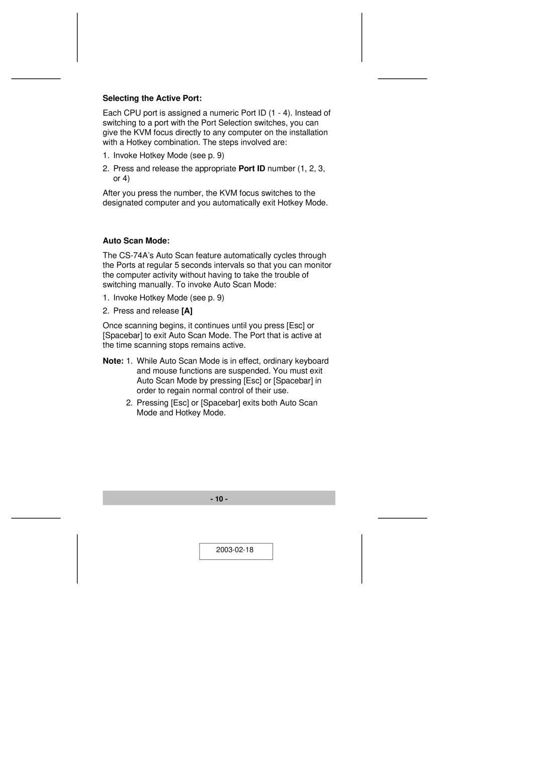 ATEN Technology CS-74A user manual Selecting the Active Port, Auto Scan Mode 