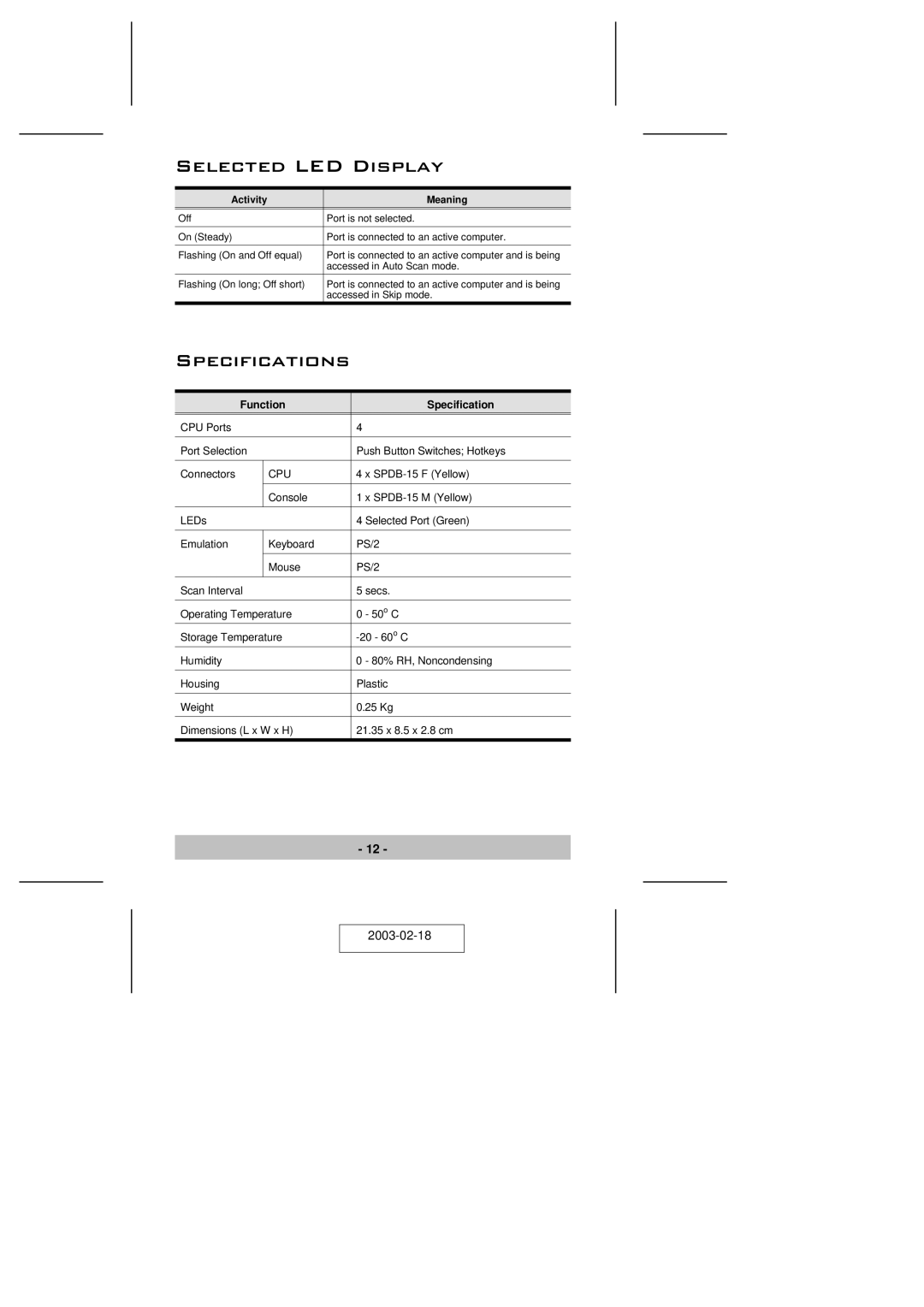 ATEN Technology CS-74A user manual Selected LED Display, Specifications 