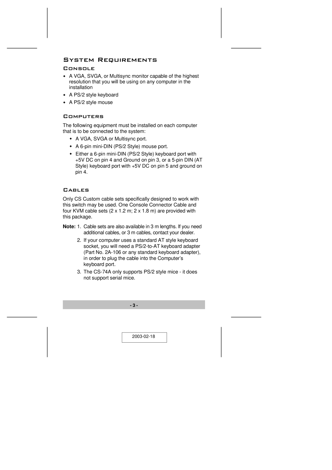 ATEN Technology CS-74A user manual System Requirements, Console, Computers, Cables 