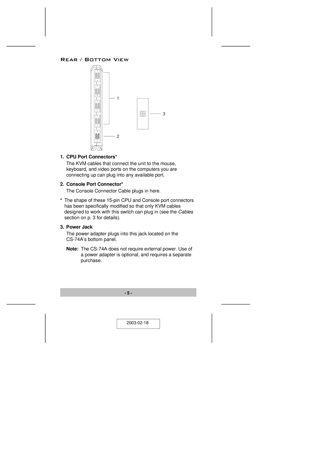 ATEN Technology CS-74A user manual Rear / Bottom View, CPU Port Connectors, Console Port Connector, Power Jack 