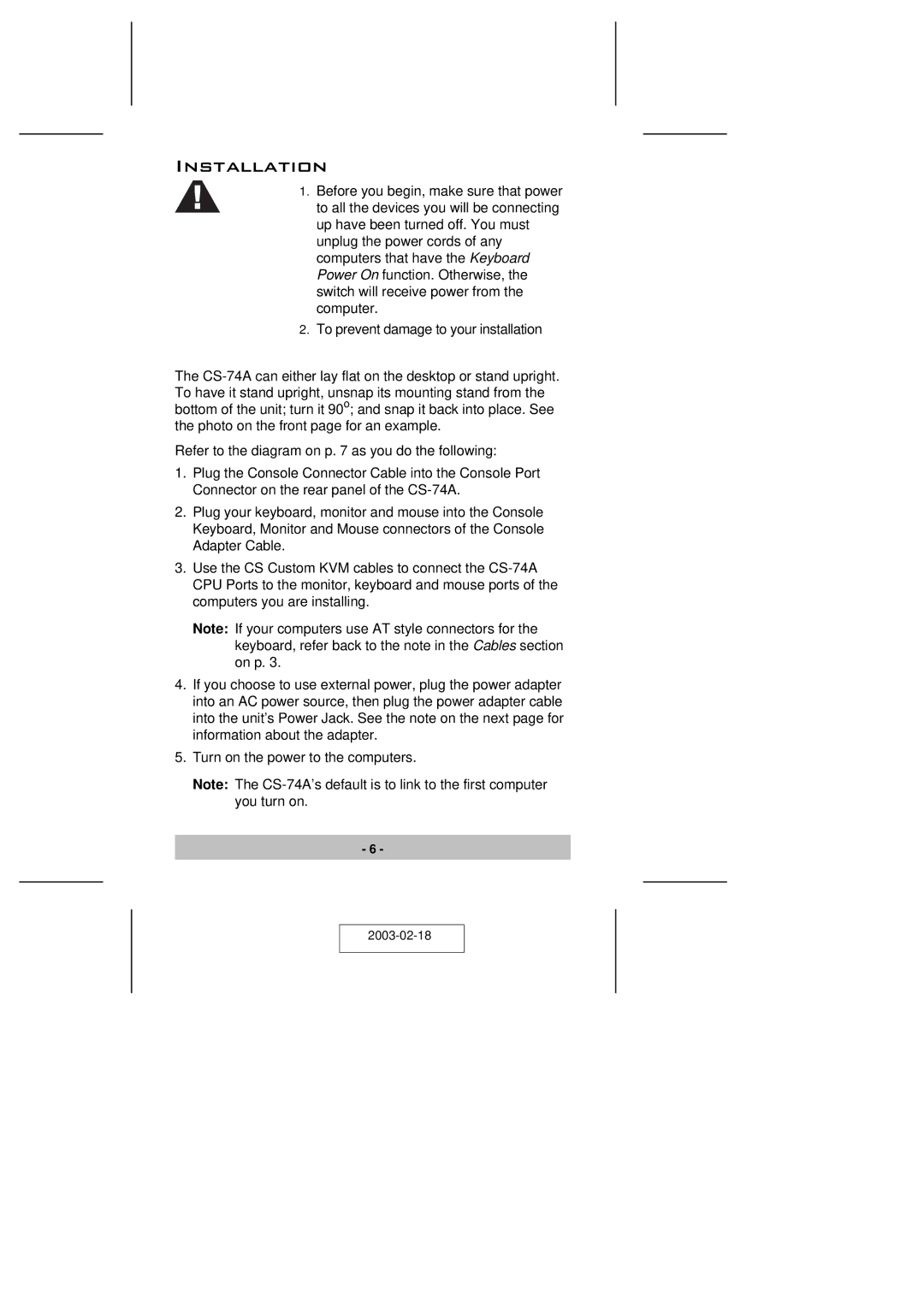 ATEN Technology CS-74A user manual Installation 