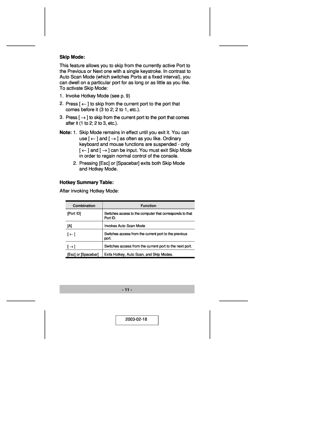 ATEN Technology CS-74A user manual Skip Mode, Hotkey Summary Table, Combination, Function 