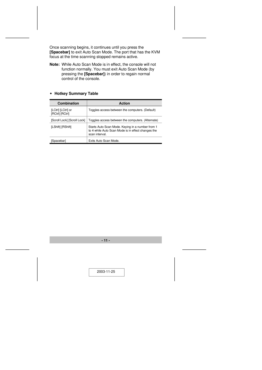 ATEN Technology CS-82A user manual Hotkey Summary Table, Combination Action 