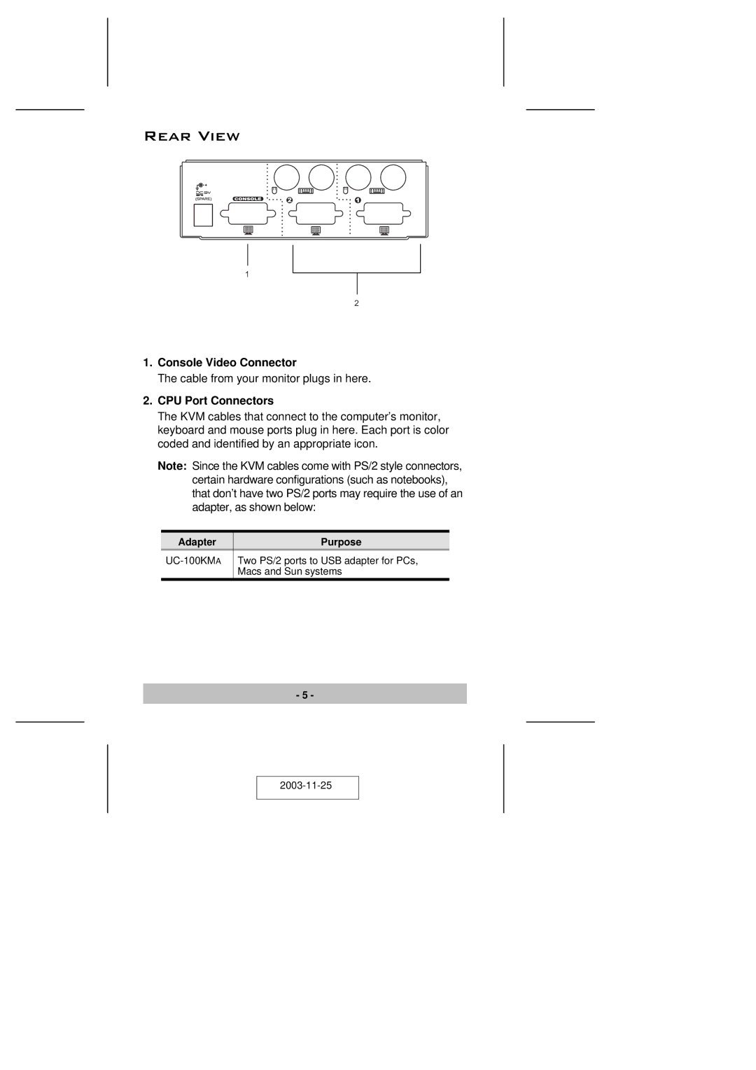 ATEN Technology CS-82A user manual Rear View, Console Video Connector, CPU Port Connectors 