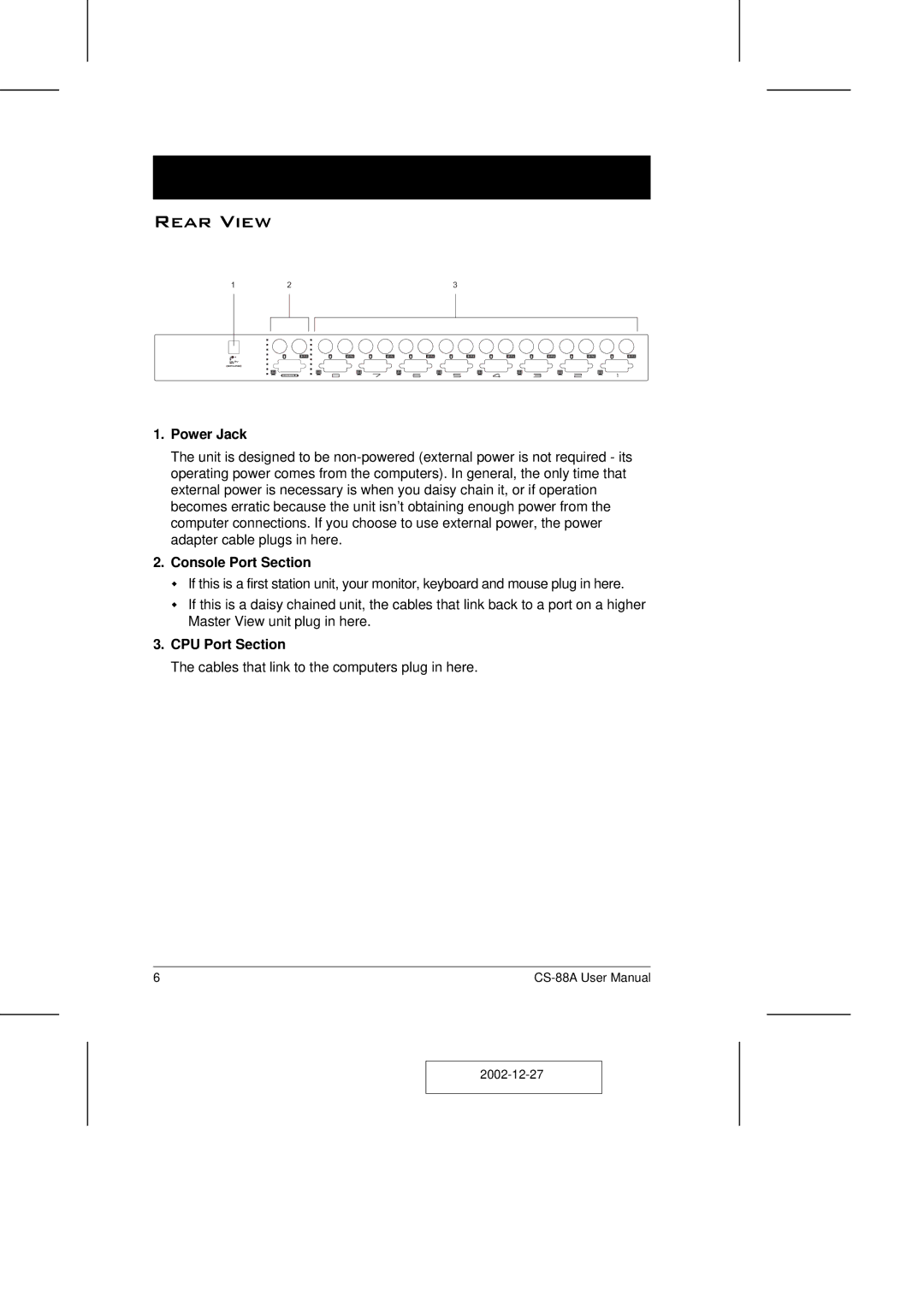 ATEN Technology CS-88A user manual Rear View, Power Jack, Console Port Section, CPU Port Section 