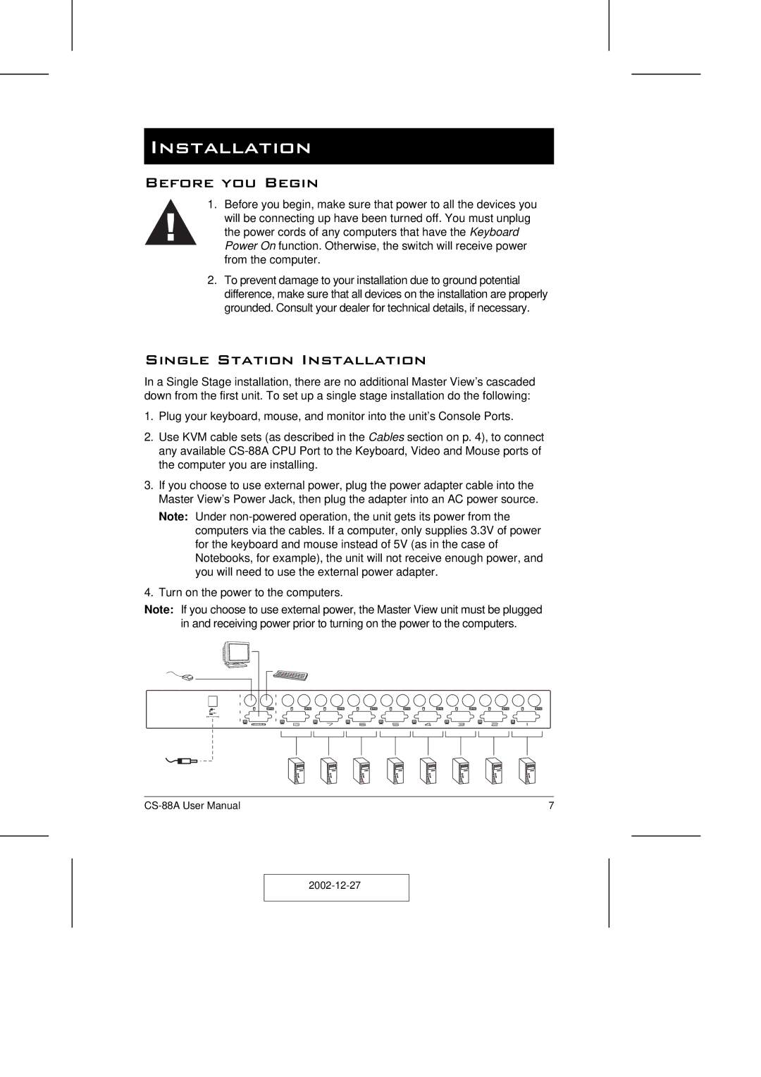 ATEN Technology CS-88A user manual Before you Begin, Single Station Installation 