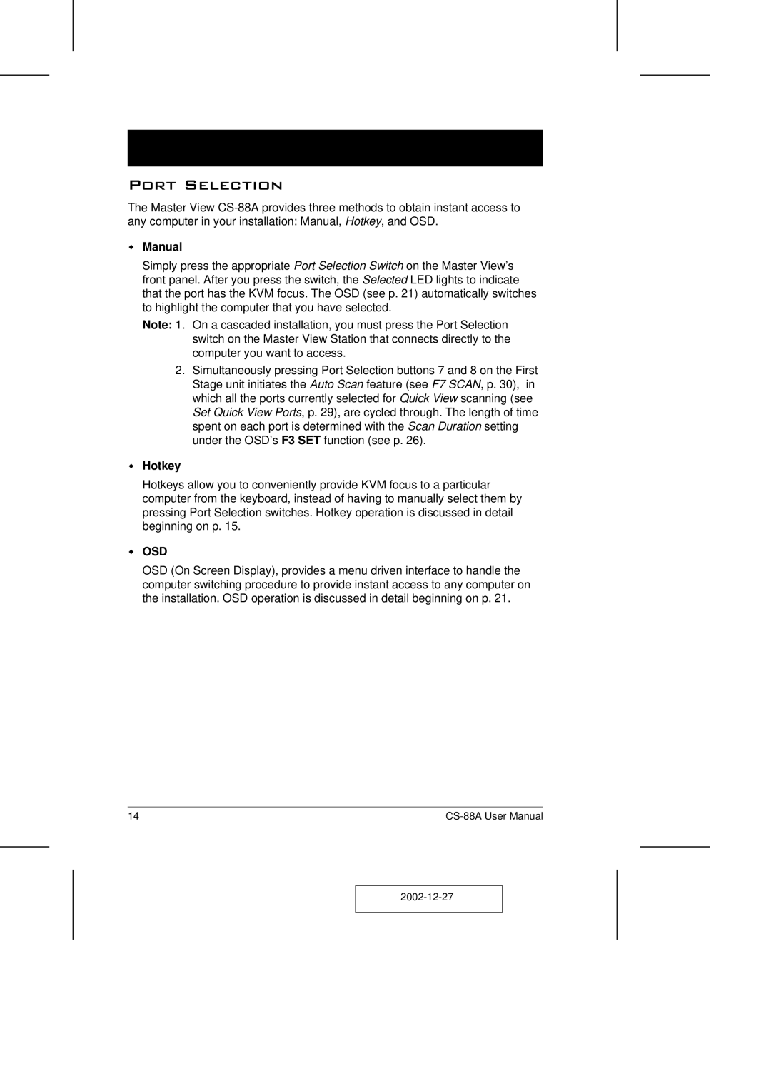 ATEN Technology CS-88A user manual Port Selection, Manual, Hotkey, Osd 