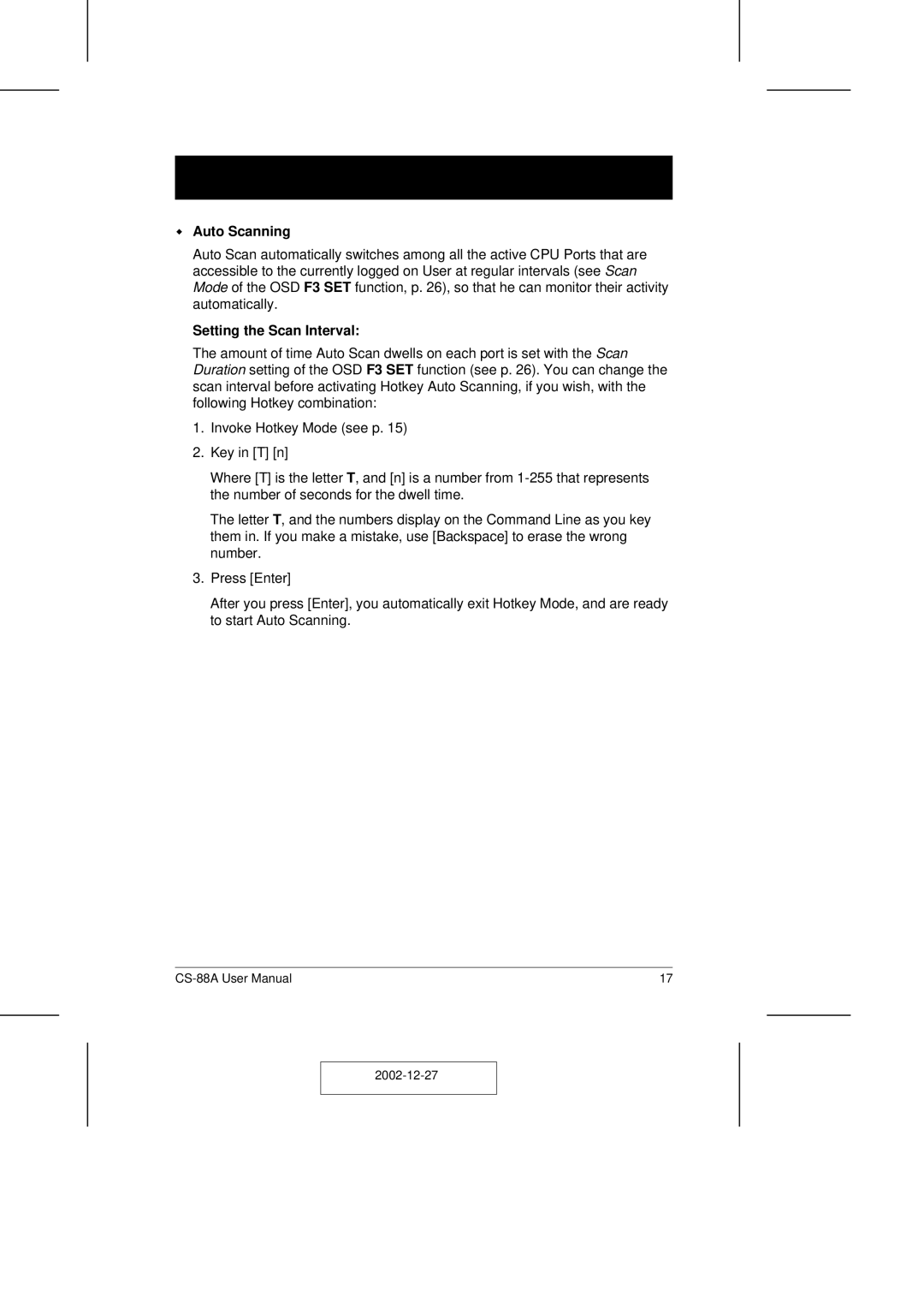 ATEN Technology CS-88A user manual Auto Scanning, Setting the Scan Interval 