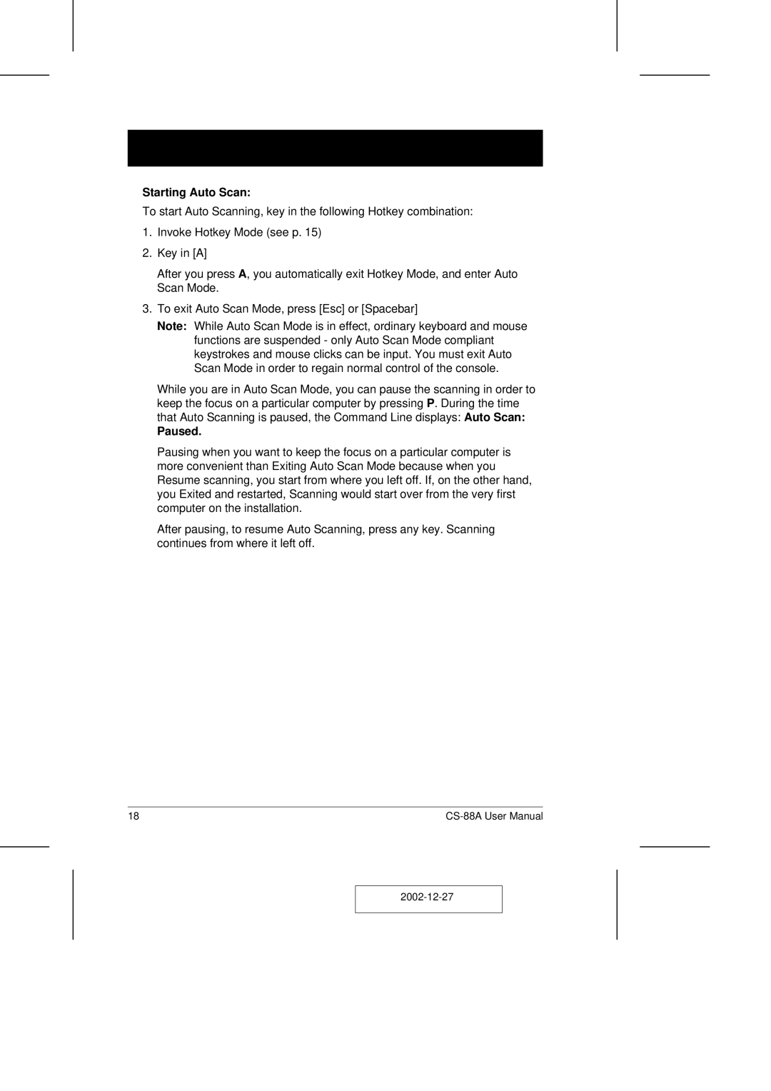 ATEN Technology CS-88A user manual Starting Auto Scan, Paused 