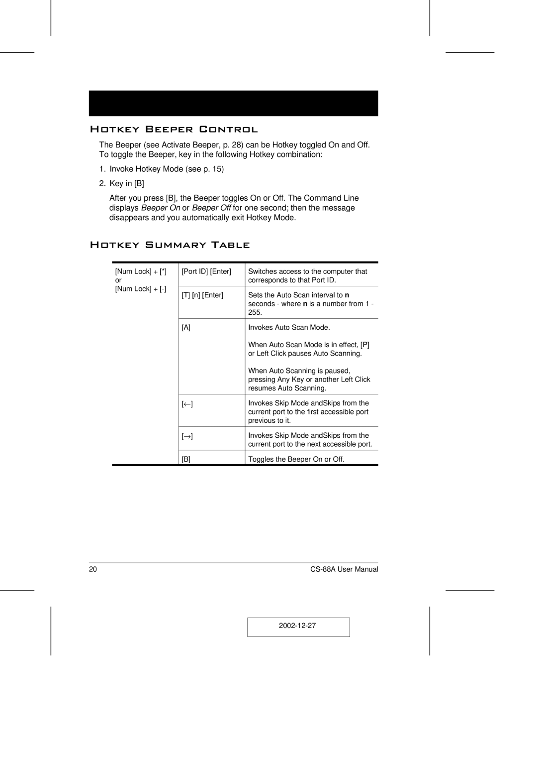 ATEN Technology CS-88A user manual Hotkey Beeper Control, Hotkey Summary Table 