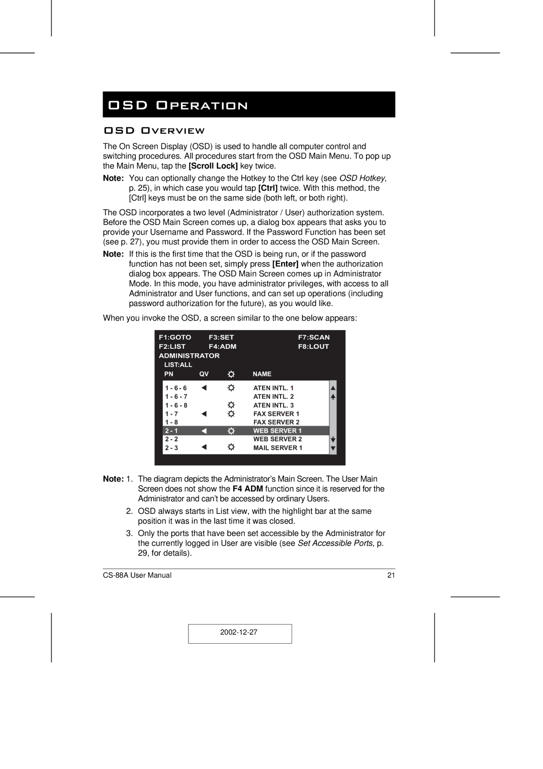 ATEN Technology CS-88A user manual OSD Operation, OSD Overview 