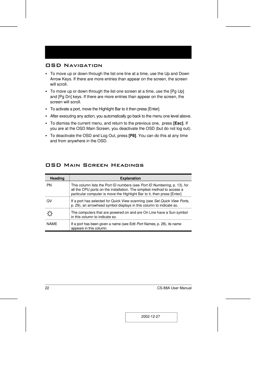 ATEN Technology CS-88A user manual OSD Navigation, OSD Main Screen Headings, Heading Explanation, Name 