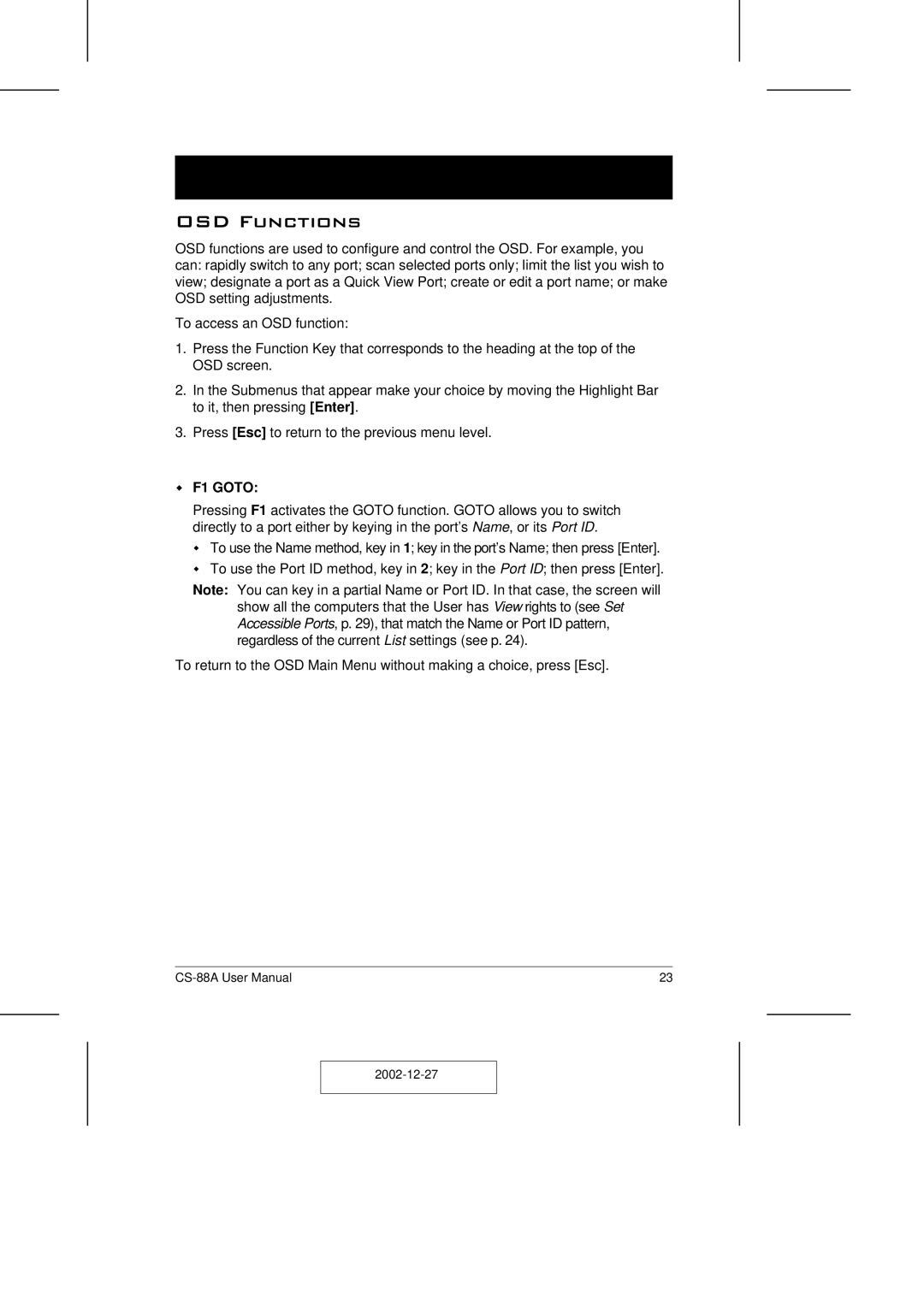 ATEN Technology CS-88A user manual OSD Functions, F1 Goto 