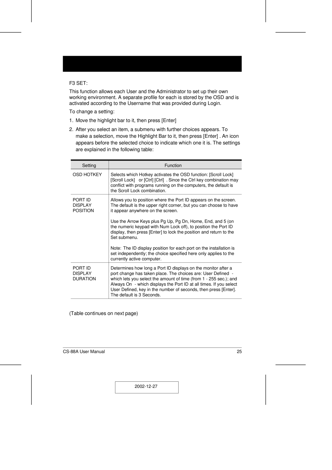 ATEN Technology CS-88A user manual F3 SET, Setting Function 