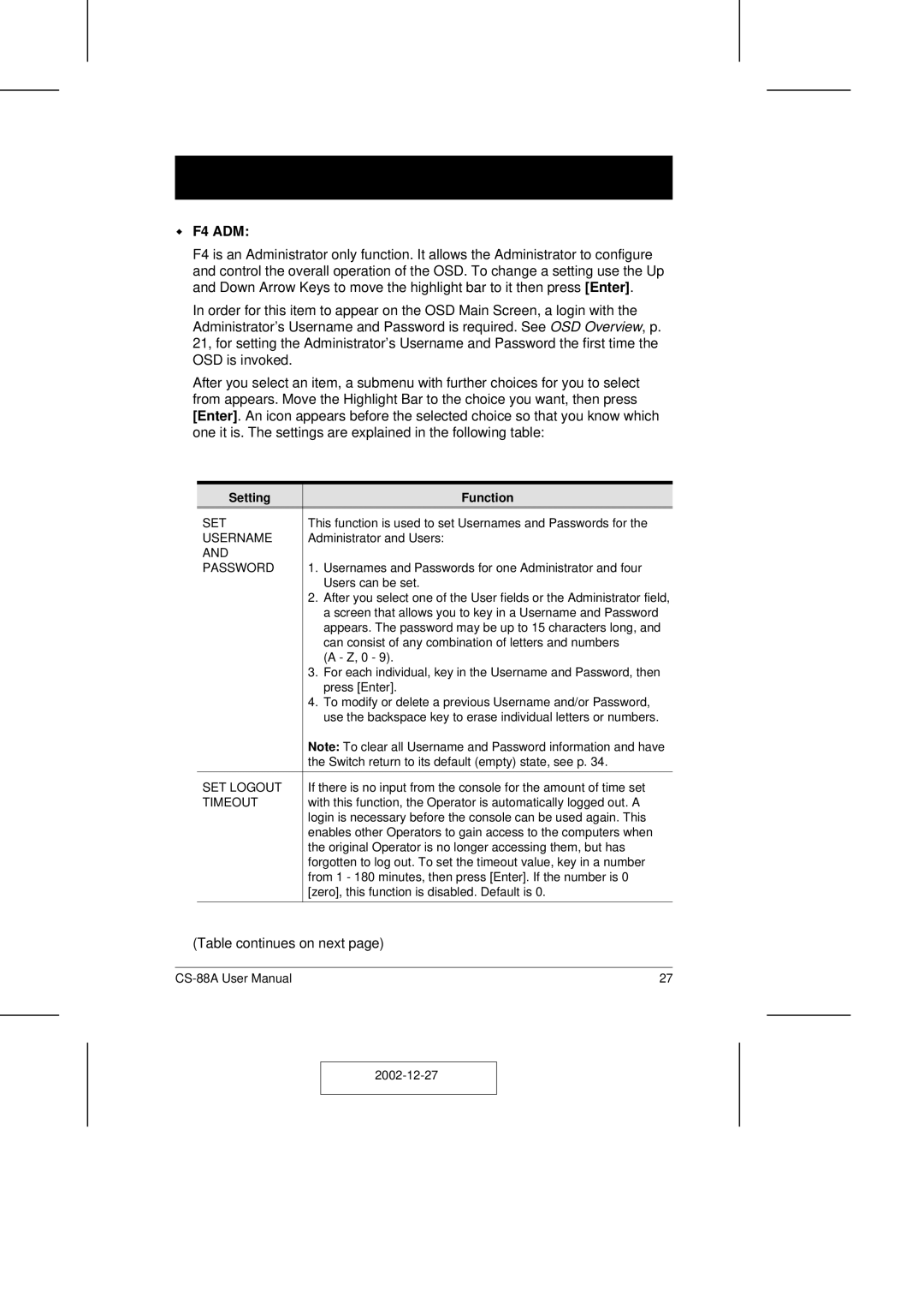 ATEN Technology CS-88A user manual F4 ADM 