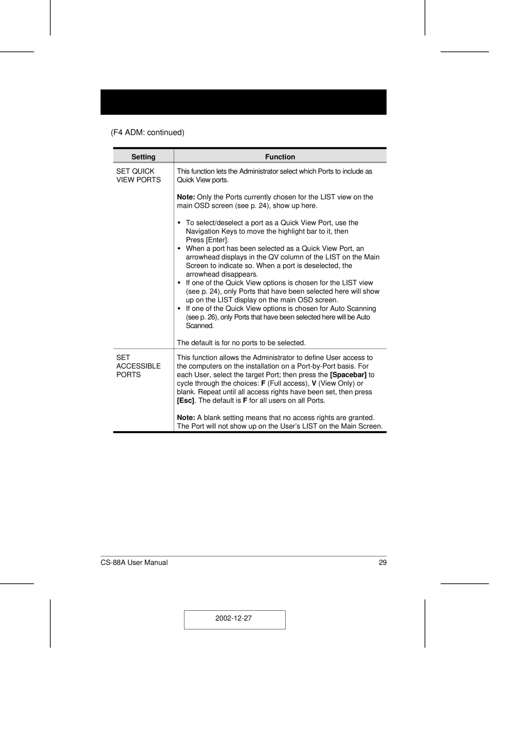 ATEN Technology CS-88A user manual SET Quick, View Ports, Accessible 