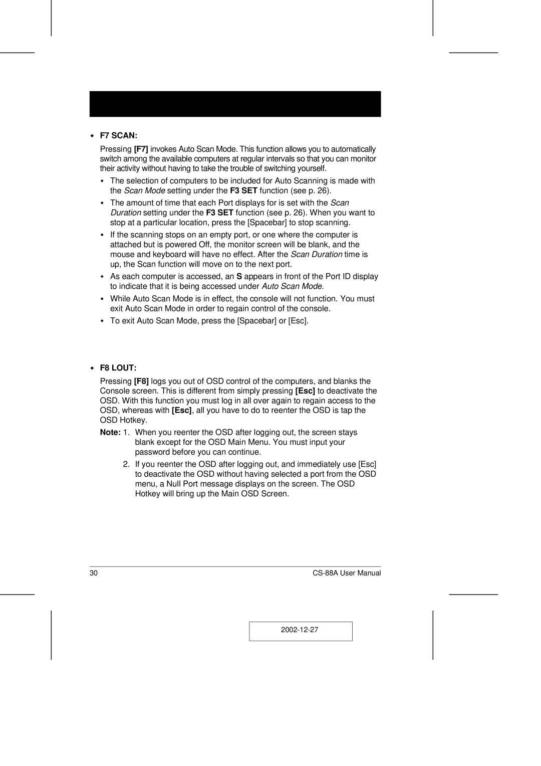 ATEN Technology CS-88A user manual F7 Scan, F8 Lout 