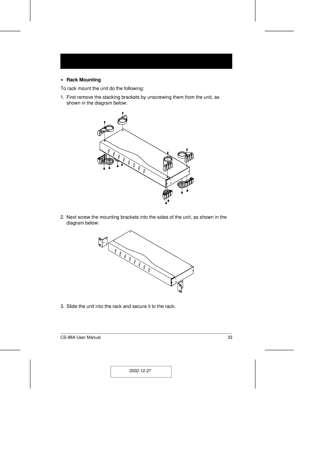 ATEN Technology CS-88A user manual Rack Mounting 