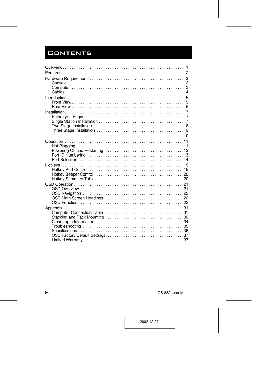 ATEN Technology CS-88A user manual Contents 