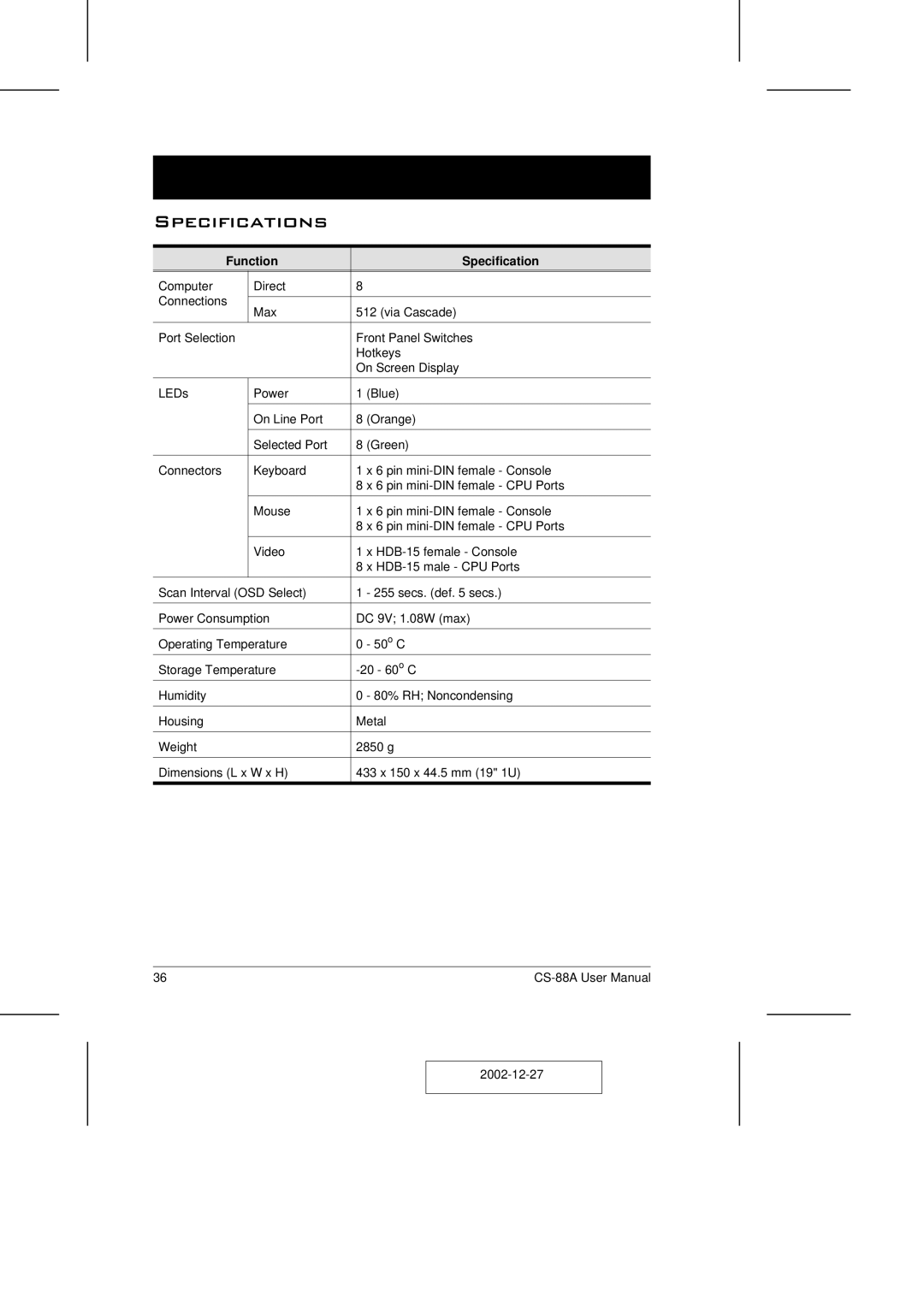 ATEN Technology CS-88A user manual Specifications, Function Specification 