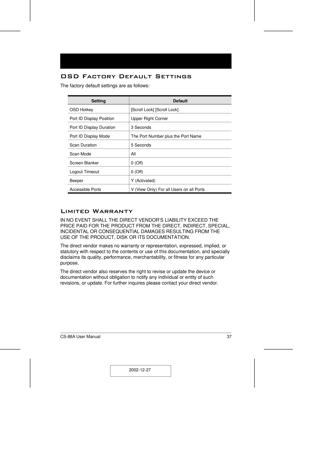 ATEN Technology CS-88A user manual OSD Factory Default Settings, Limited Warranty, Setting Default 