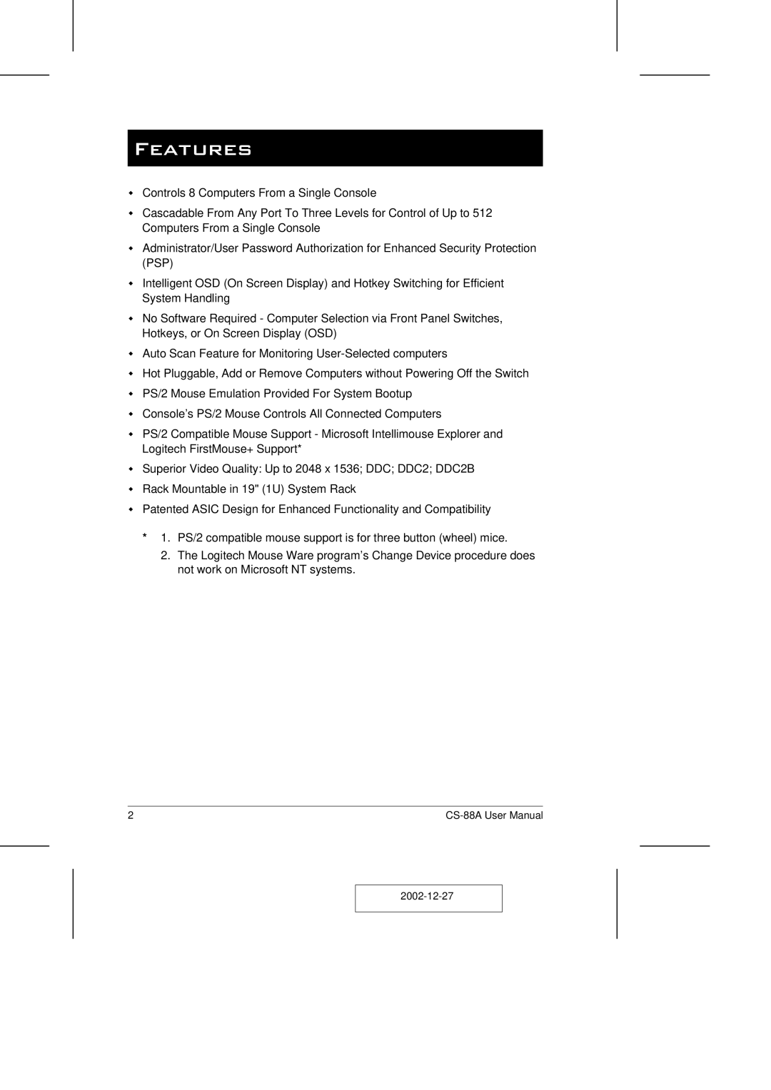 ATEN Technology CS-88A user manual Features 