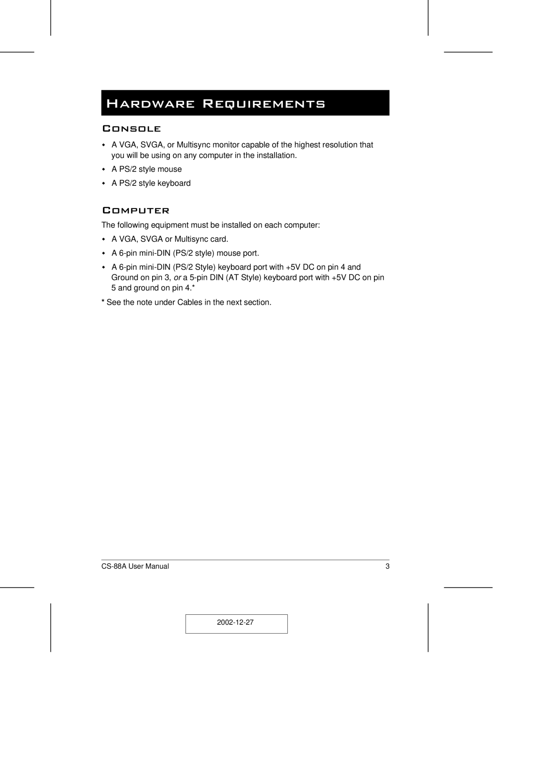 ATEN Technology CS-88A user manual Hardware Requirements, Console, Computer 