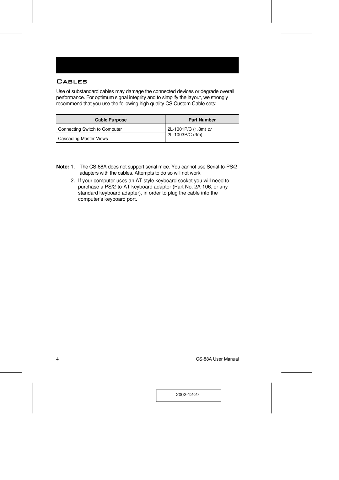 ATEN Technology CS-88A user manual Cables, Cable Purpose Part Number 