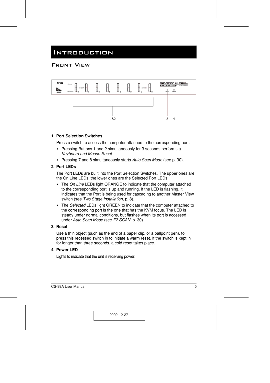 ATEN Technology CS-88A user manual Introduction, Front View 