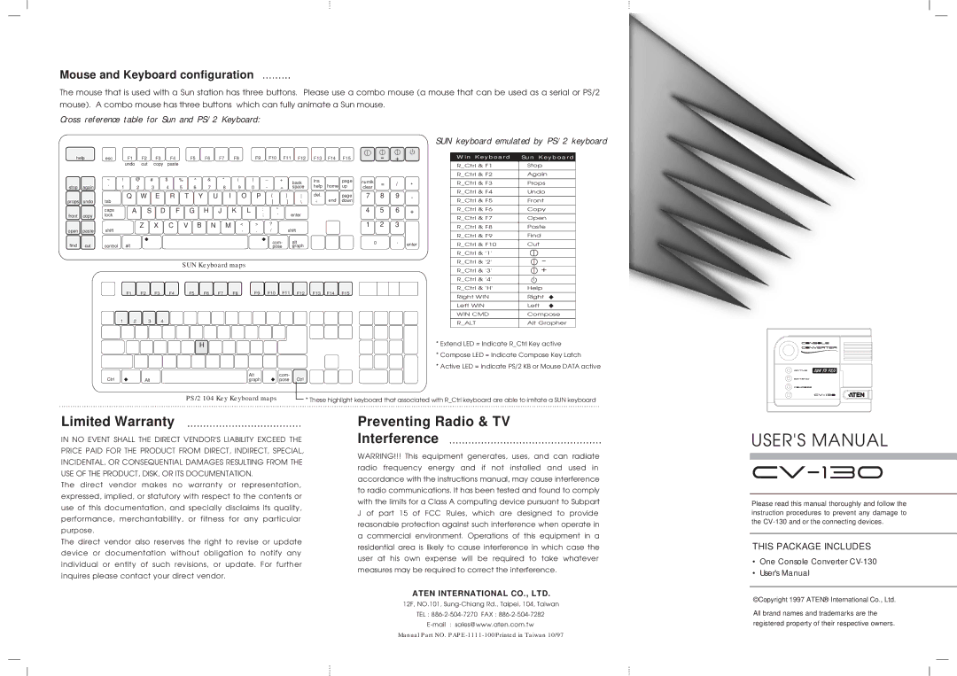 ATEN Technology CV-130 Limited Warranty, Preventing Radio & TV Interference, Mouse and Keyboard configuration 