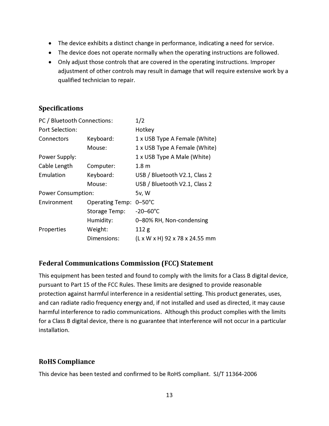 ATEN Technology GKMB01 manual Specifications, Federal Communications Commission FCC Statement, RoHS Compliance 