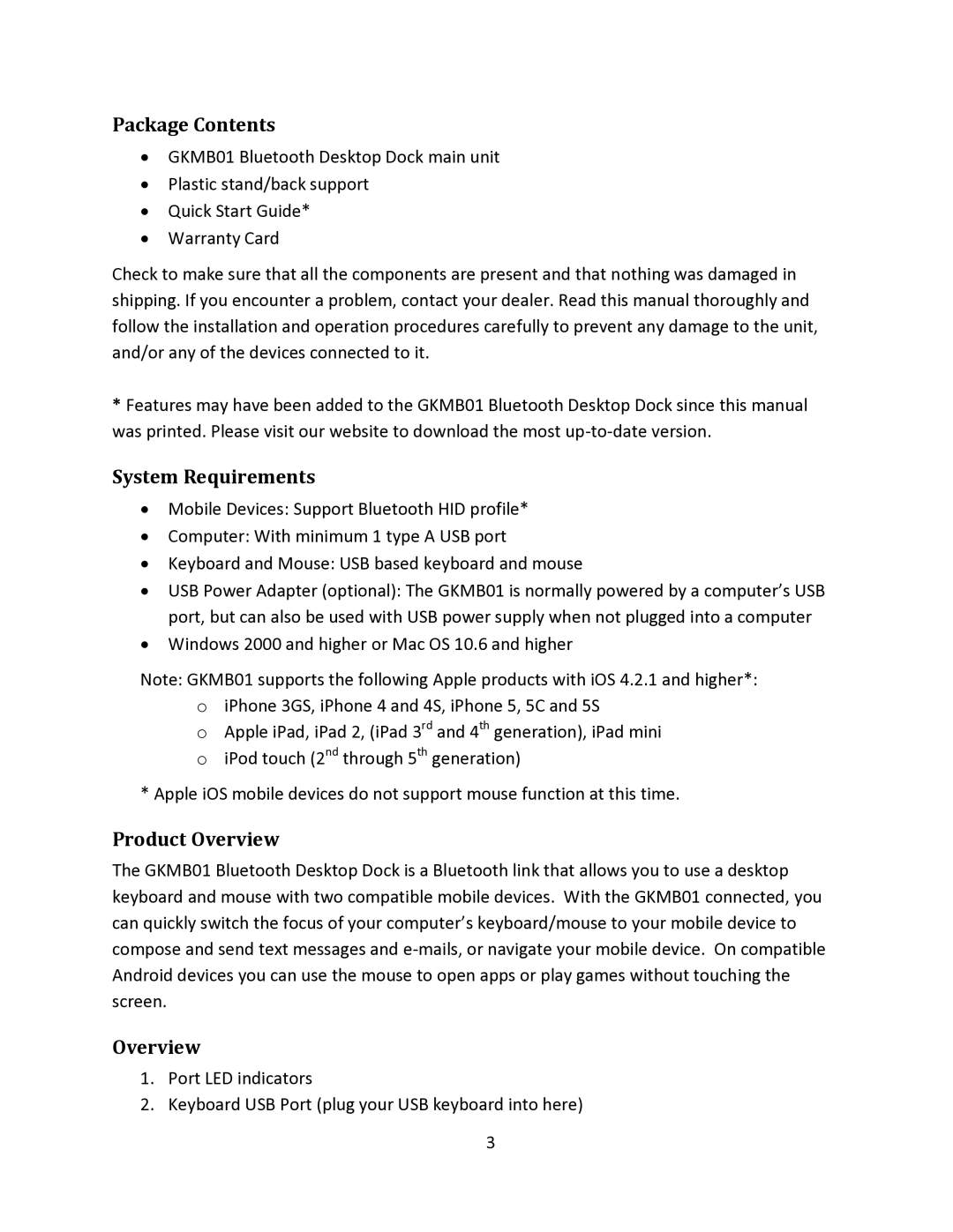 ATEN Technology GKMB01 manual Package Contents, System Requirements, Product Overview 