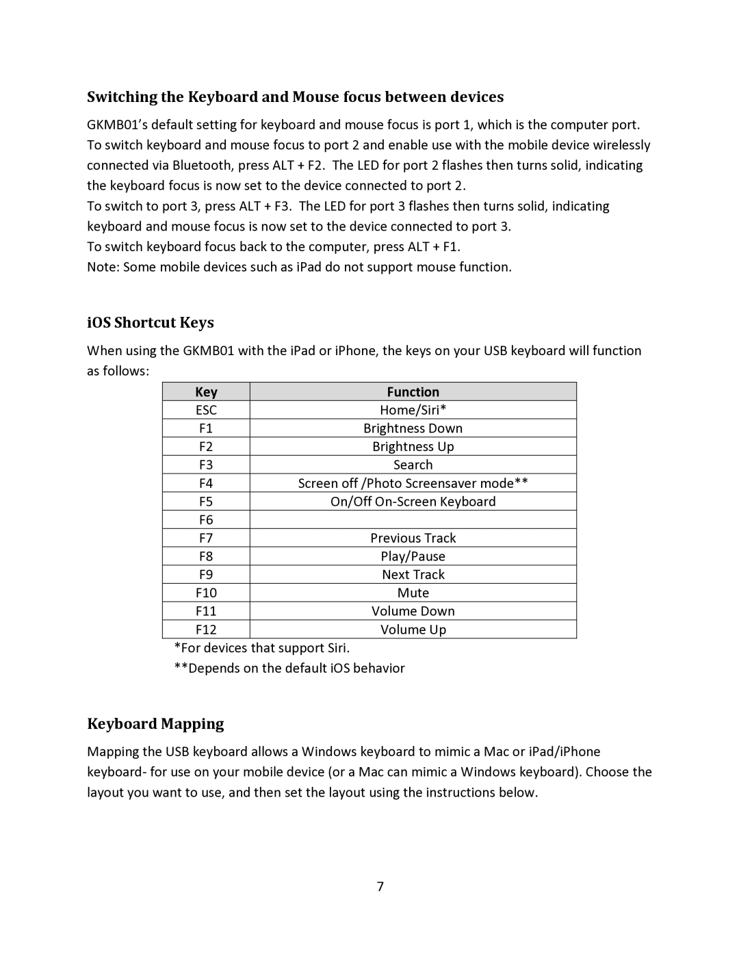 ATEN Technology GKMB01 manual Switching the Keyboard and Mouse focus between devices, IOS Shortcut Keys, Keyboard Mapping 