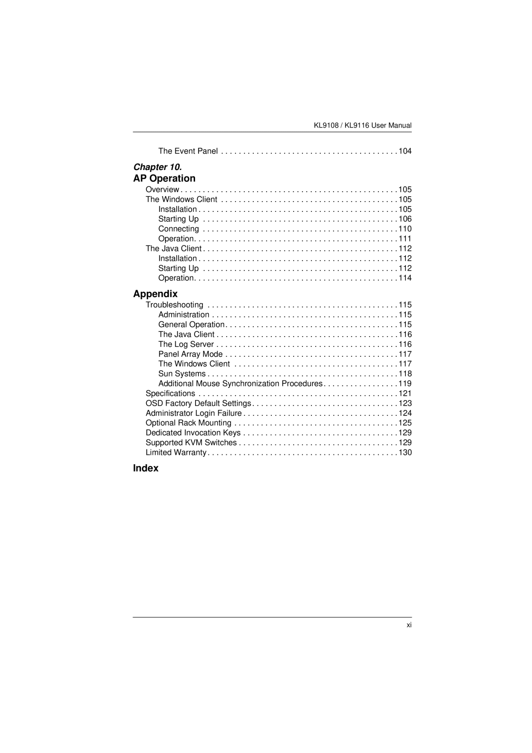 ATEN Technology KL9116, KL9108 user manual AP Operation, Appendix, Index 