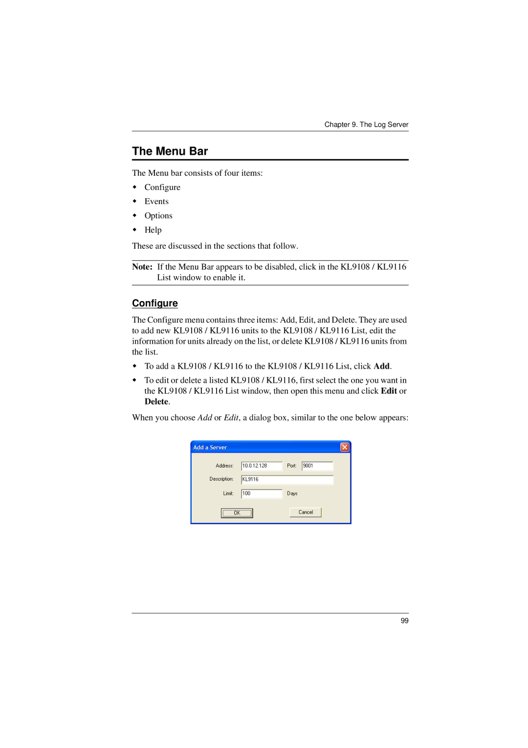 ATEN Technology KL9116, KL9108 user manual Menu Bar, Configure 