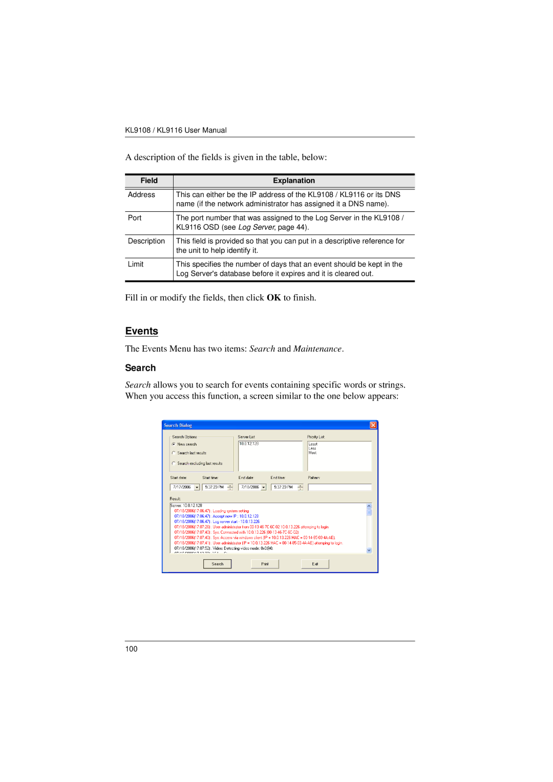 ATEN Technology KL9108, KL9116 user manual Events, Search 